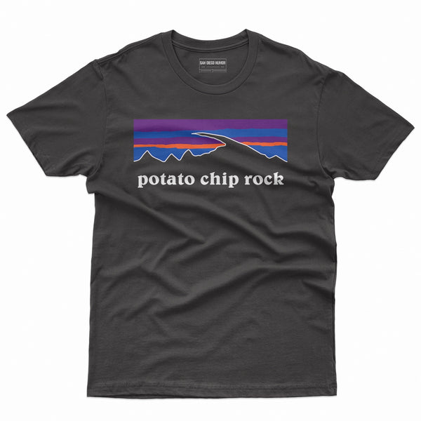 Potato Chip Rock T-Shirt Black Front - Patagonia Style Sunset Mountain Silhouette Graphic Unisex Tee Mt Woodson San Diego Hike | San Diego Humor