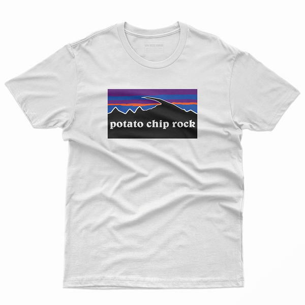 Potato Chip Rock T-Shirt White Front - Patagonia Style Sunset Mountain Silhouette Graphic Unisex Tee Mt Woodson San Diego Hike | San Diego Humor