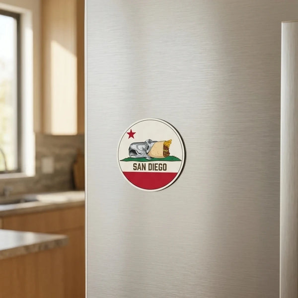 San Diego Burrito Flag round magnet on aluminum fridge