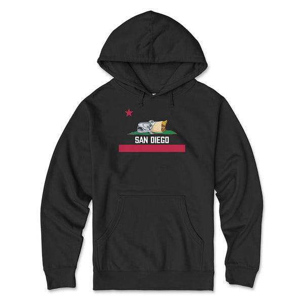 San Diego Burrito Flag Hoodie Black - California Republic Bear Burrito Parody Red Stripe Graphic Unisex Pullover Sweatshirt | San Diego Humor