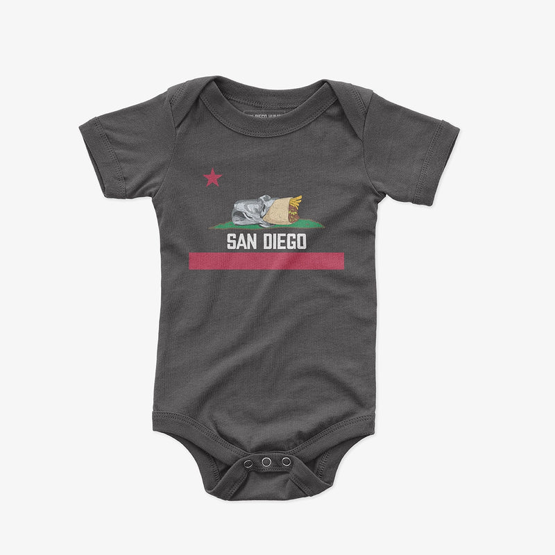 San Diego Burrito Flag Baby One Piece Black - California Bear Burrito Flag Parody Graphic Baby Onesie Bodysuit | San Diego Humor