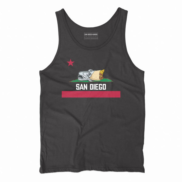 San Diego Burrito Tank Top Black Front - California Bear Burrito Flag Parody Graphic Unisex Tank Top San Diego | San Diego Humor