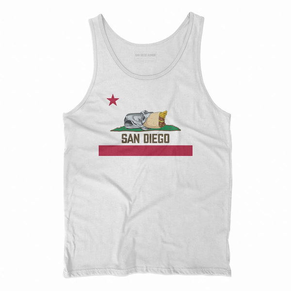 San Diego Burrito Tank Top White - California Flag Bear Burrito Parody Unisex | San Diego Humor
