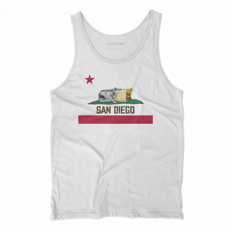 San Diego Burrito Tank Top White - California Flag Bear Burrito Parody Unisex | San Diego Humor