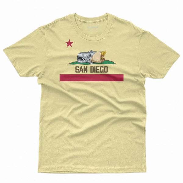 San Diego Burrito T-Shirt Banana Cream - California Republic Bear Burrito Flag Parody Red Stripe Graphic Unisex Tee | San Diego Humor