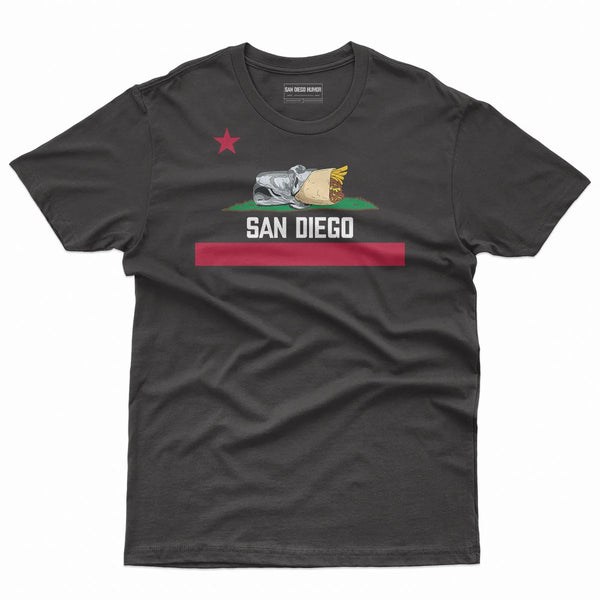 San Diego Burrito T-Shirt Black - California Republic Bear Burrito Flag Parody Red Stripe Graphic Unisex Tee | San Diego Humor