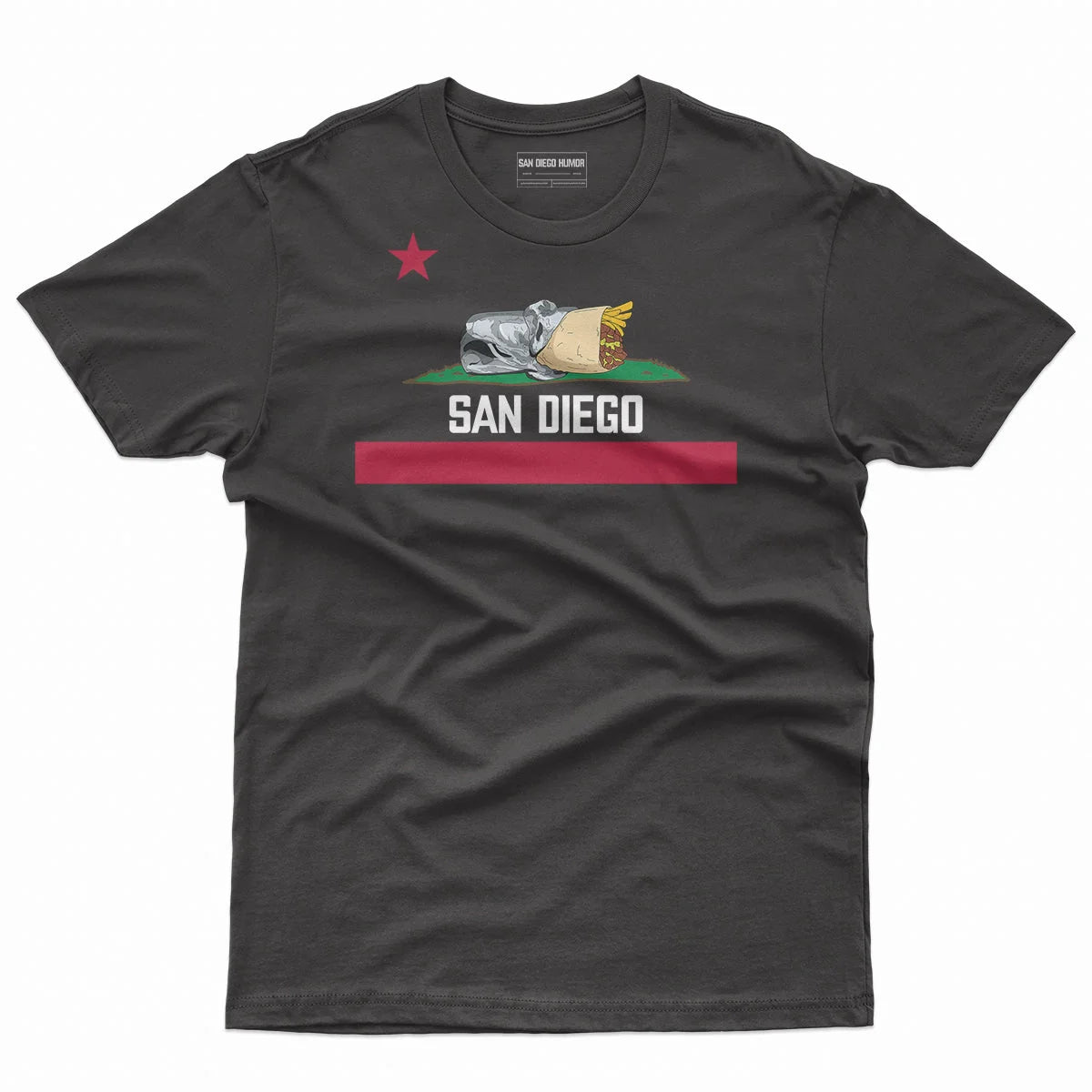San Diego Burrito T-Shirt Black - California Republic Bear Burrito Flag Parody Red Stripe Graphic Unisex Tee | San Diego Humor
