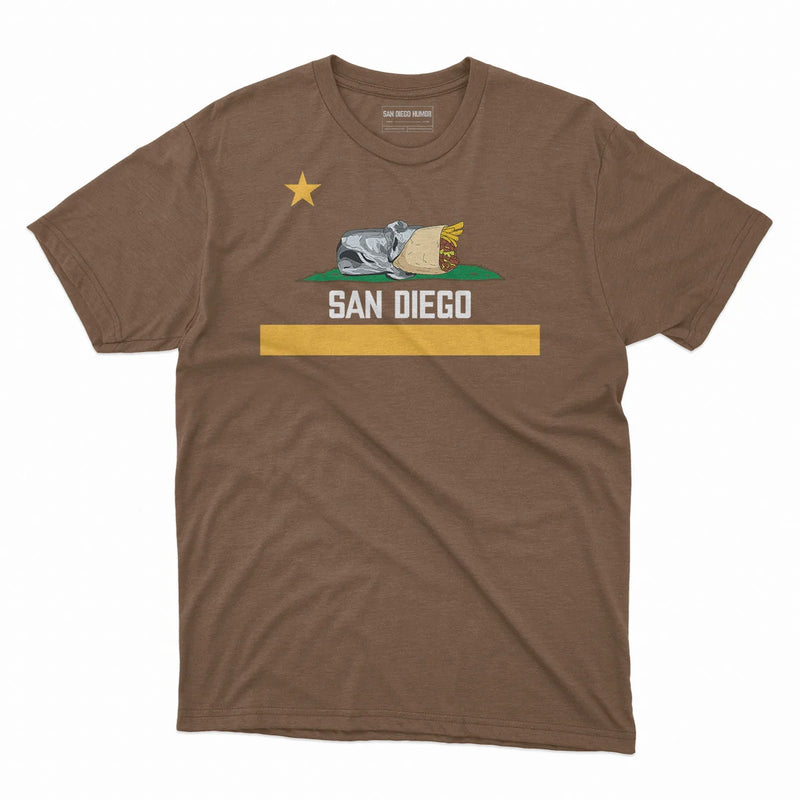 San Diego Burrito T-Shirt Padres Heather Brown - Brown Gold Padres Colors California Bear Burrito Flag Parody Graphic Unisex Tee | San Diego Humor