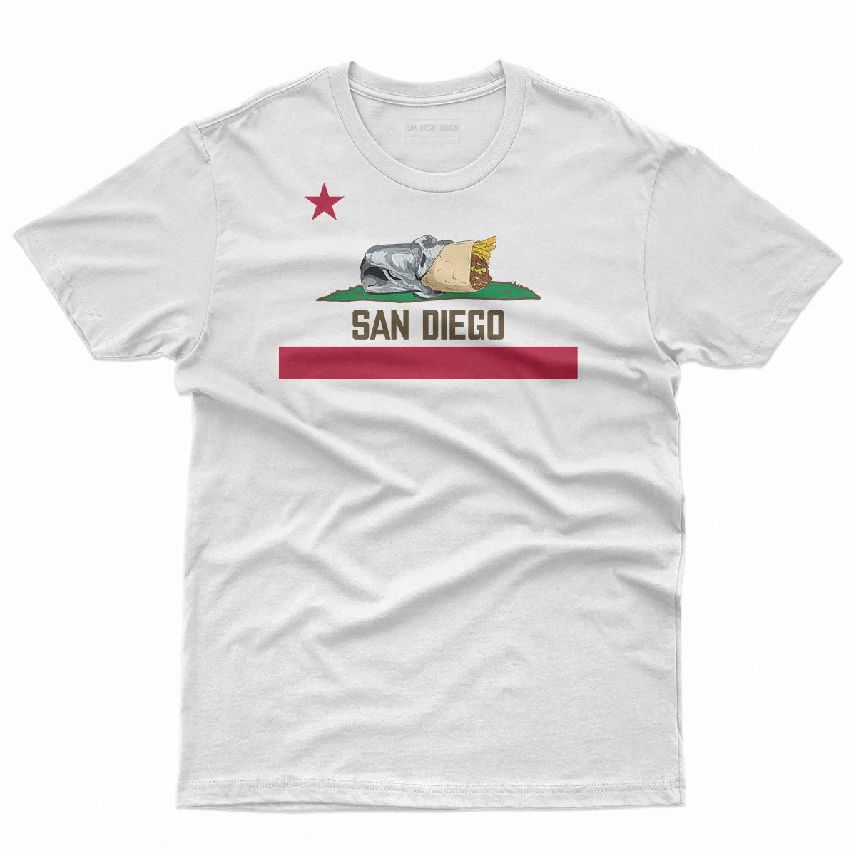 San Diego Burrito T-Shirt White - California Republic Bear Burrito Flag Parody Red Stripe Graphic Unisex Tee | San Diego Humor