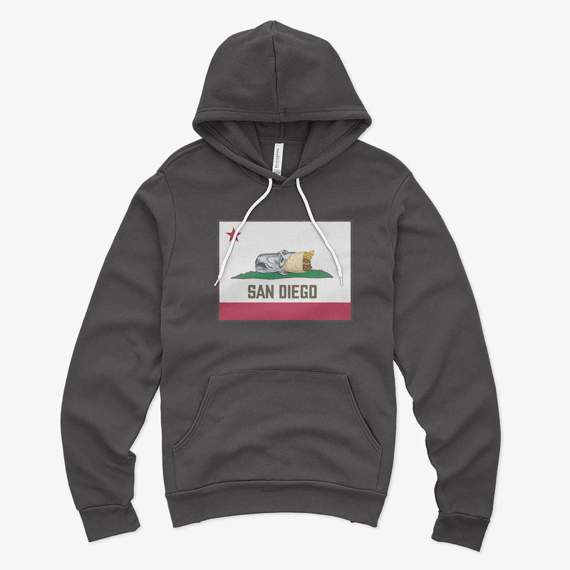 San Diego Burrito Hoodie Black Front - California Bear Burrito Flag Parody Graphic Unisex Pullover Hoodie Sweatshirt | San Diego Humor