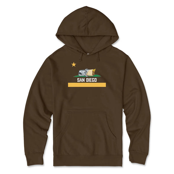 San Diego Burrito Flag Padres Hoodie Brown - California Bear Burrito Parody Gold Stripe Unisex Pullover Sweatshirt | San Diego Humor