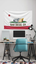 San Diego CA Wall Flag in Office - Lifestyle Photo Bear Burrito Parody Flag Above Desk | San Diego Humor
