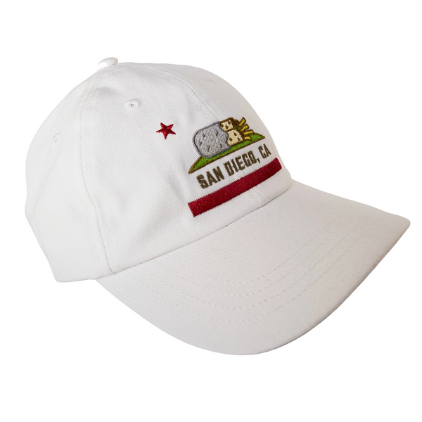 San Diego Burrito Flag Dad Hat White Front - Embroidered California Bear Burrito Flag Parody Logo White Baseball Cap San Diego Hat | San Diego Humor