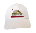 San Diego Burrito Flag Dad Hat White Front Close-Up - Embroidered California Burrito Bear Flag Logo Detail White Baseball Cap | San Diego Humor