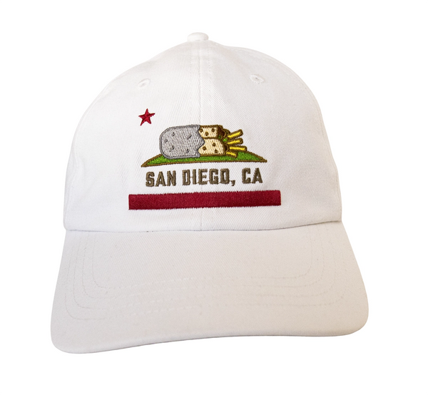 San Diego Burrito Flag Dad Hat White Front Close-Up - Embroidered California Burrito Bear Flag Logo Detail White Baseball Cap | San Diego Humor