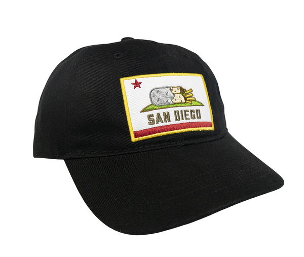 San Diego Burrito Flag Dad Hat Black Front - Embroidered California Bear Burrito Flag Parody Patch Black Baseball Cap San Diego Hat | San Diego Humor