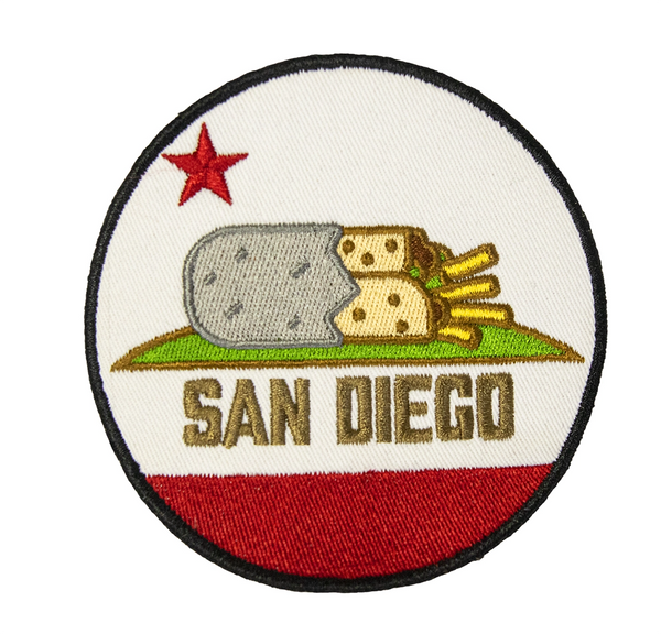 San Diego Burrito Flag 4-Inch Sew-On Patch - Embroidered California Bear Burrito Flag Parody Round Fabric Patch San Diego Souvenir Accessory | San Diego Humor