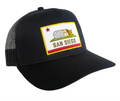 San Diego Burrito Flag Trucker Hat Black Front - Embroidered California Bear Burrito Flag Parody Patch Black Mesh Snapback Trucker Hat San Diego Hat | San Diego Humor