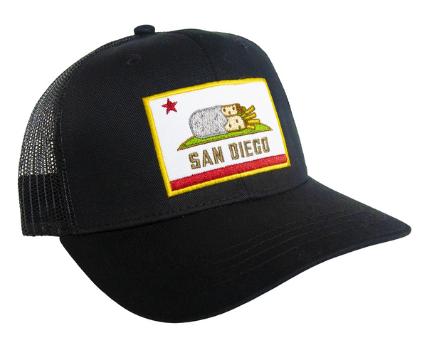 San Diego Burrito Flag Trucker Hat Black Front - Embroidered California Bear Burrito Flag Parody Patch Black Mesh Snapback Trucker Hat San Diego Hat | San Diego Humor