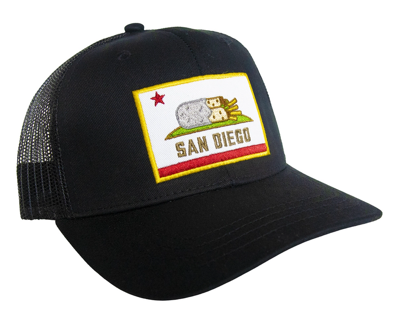San Diego Burrito Flag Trucker Hat Black Front - Embroidered California Bear Burrito Flag Parody Patch Black Mesh Snapback Trucker Hat San Diego Hat | San Diego Humor
