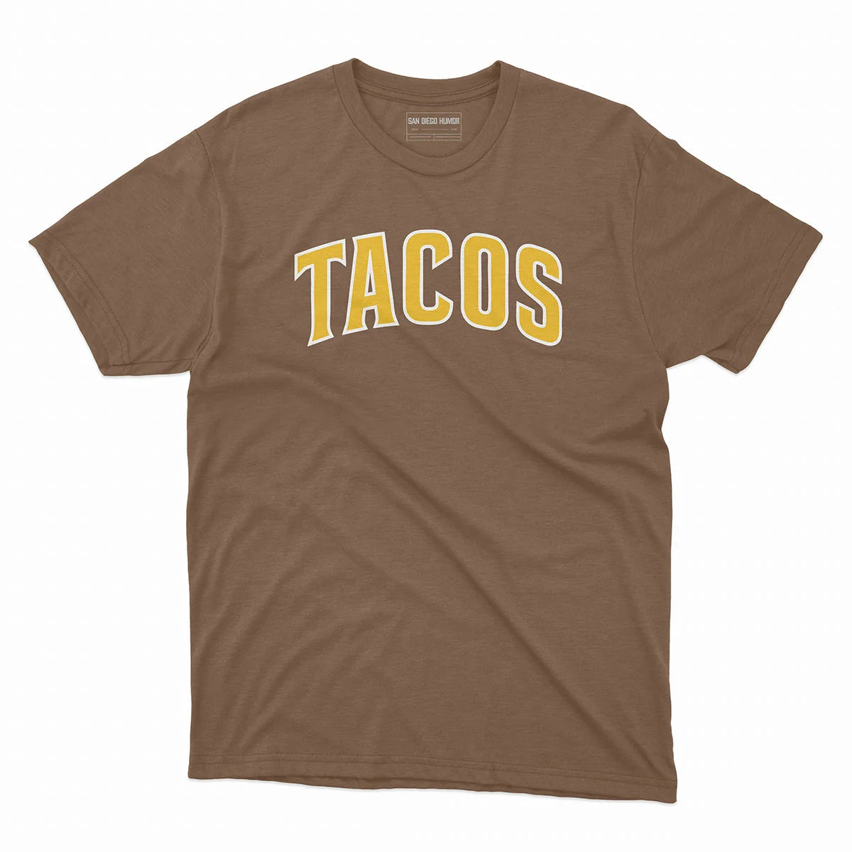 Tacos T-Shirt Heather Brown - Padres Style Gold Lettering Funny San Diego Unisex Tee | San Diego Humor