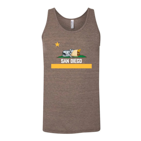 San Diego Burrito Flag Tank Top Tri-Coffee Brown - California Republic Bear Burrito Parody Gold Stripe Unisex Tank | San Diego Humor