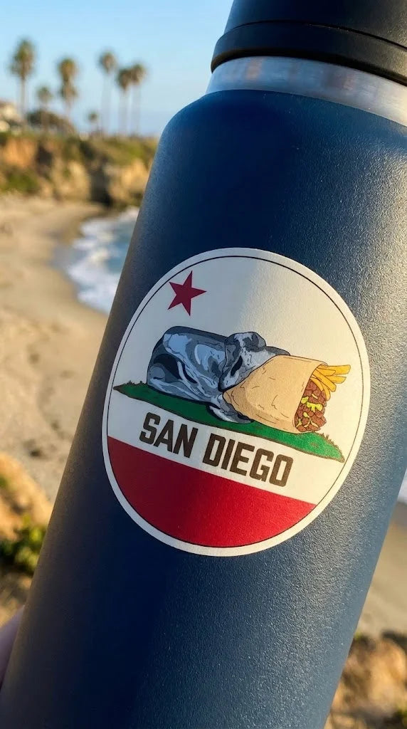 San Diego Burrito Flag Round Sticker on Water Bottle - California Bear Burrito Flag Vinyl Decal Beach Lifestyle Photo San Diego | San Diego Humor