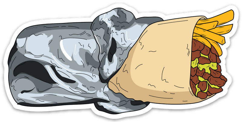 Cali Burrito Bumper Sticker - Illustrated California Burrito with Carne Asada Fries Guacamole Vinyl Die-Cut Bumper Sticker San Diego Food Souvenir | San Diego Humor
