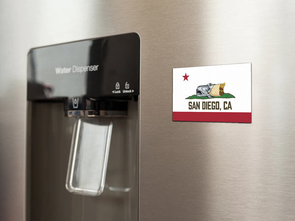 San Diego CA Burrito Flag Rectangle Magnet on Refrigerator - California Bear Burrito Flag Parody 5x3 Inch Fridge Magnet Lifestyle Photo San Diego Souvenir | San Diego Humor